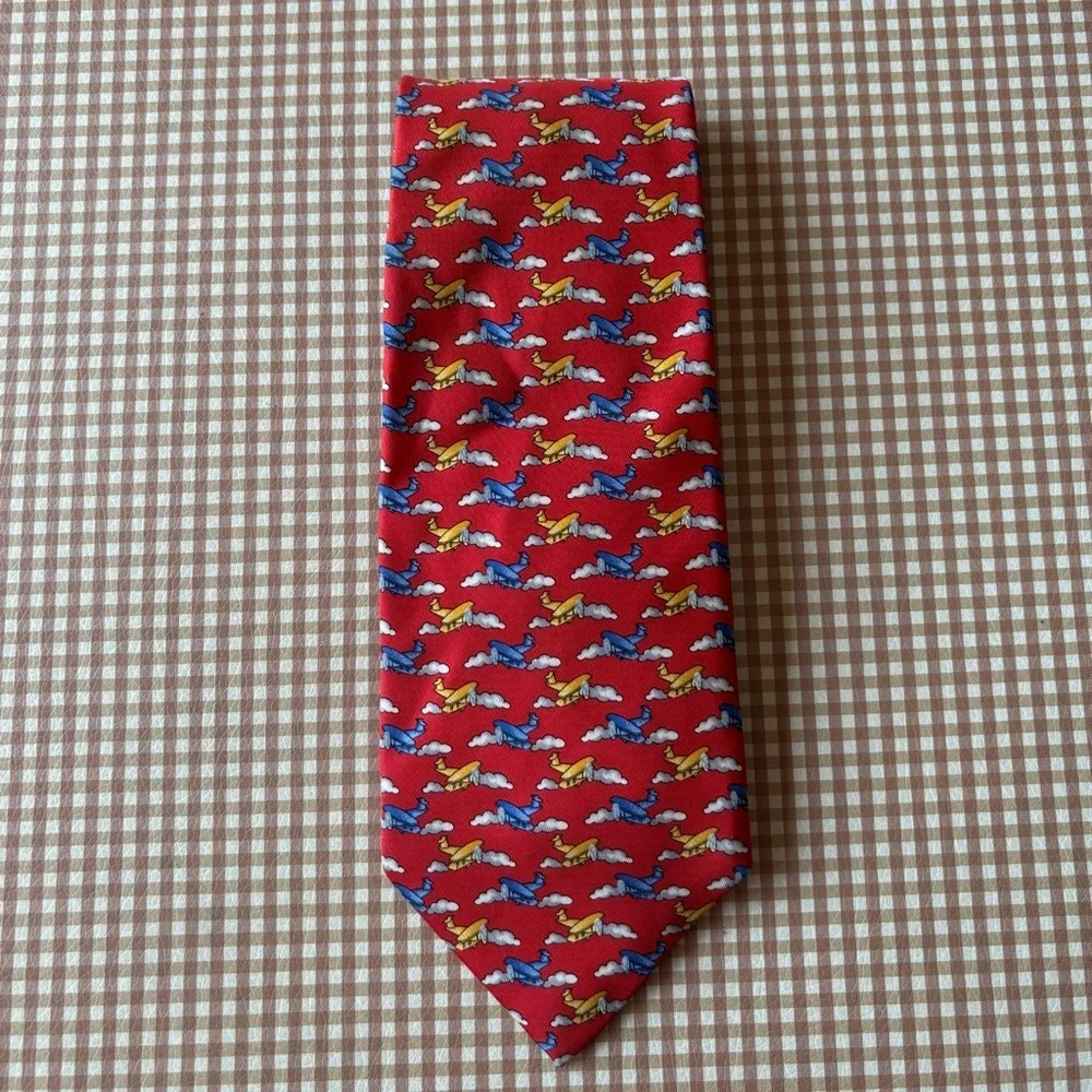 Robert Talbott Silk Print Tie - Airplanes red. Hand‎ sewn Made in USA. Classic